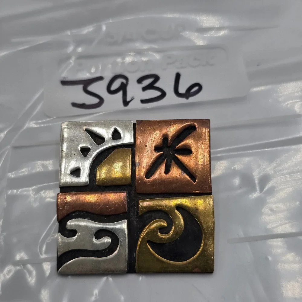 Far Fetched Mixed Metal Sun Moon Waves Square Brooch Pin Mexico Artisan Brass